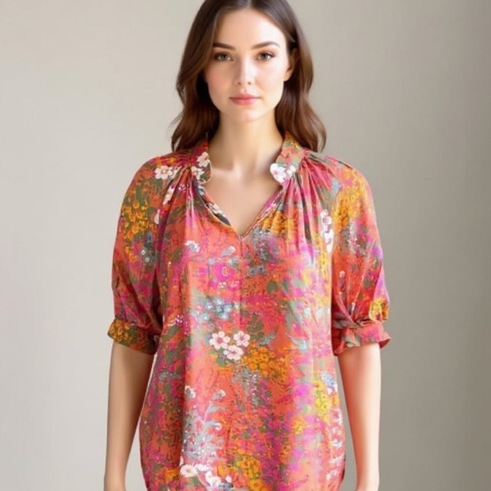 NWT Cynthia Rowley Boho Pink Green Floral Flowy Peasant Top Blouse Medium